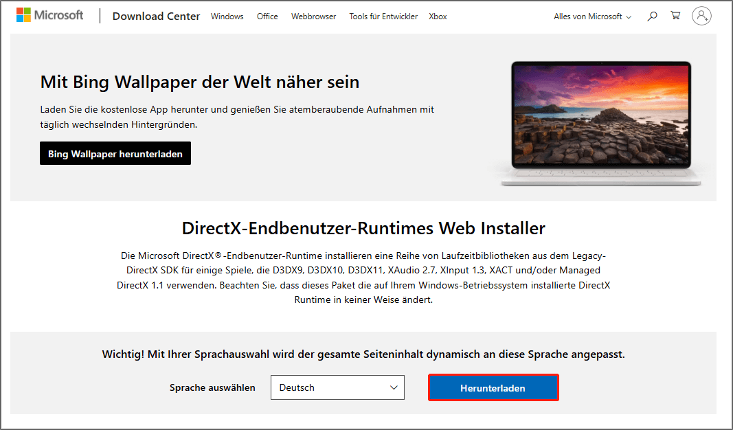 zum Download von DirectX auf „Herunterladen“ klicken