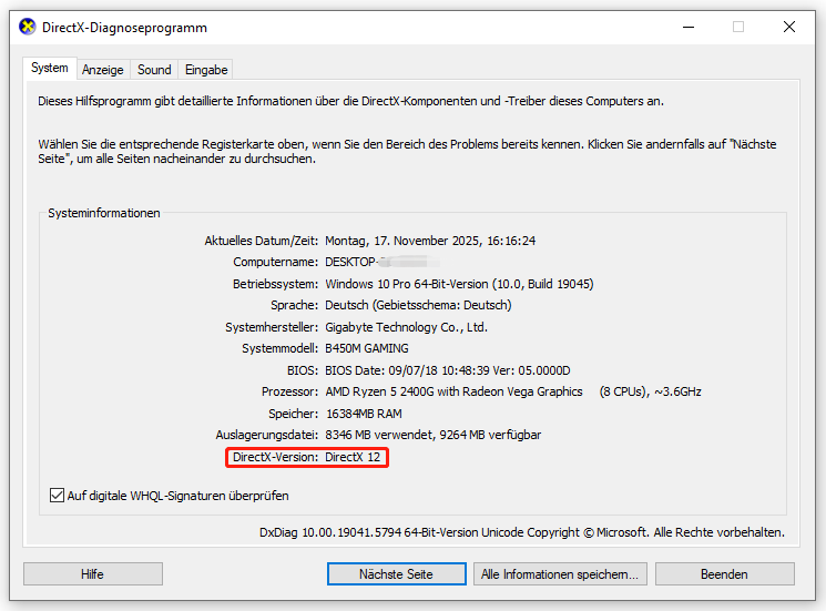 DirectX-Version über das DirectX-Diagnoseprogramm überprüfen