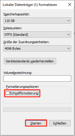 Option zum Entfernen des Schnellformatierung-Häkchens und Starten der Formatierung.