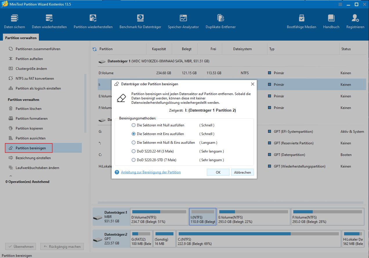 Auswahl der zu löschenden Partition und Bereinigungsfunktion in MiniTool Partition Wizard.