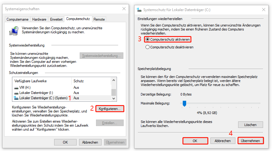 Computerschutz auf dem Laufwerk C aktivieren