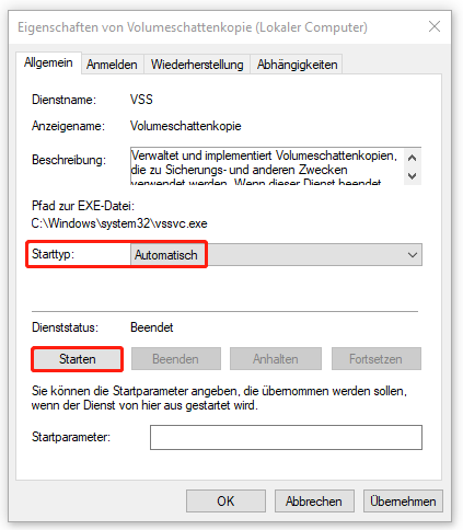 Volumenschattenkopie-Dienst starten und den Starttyp auf „Automatisch“ stellen