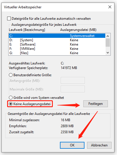 „Keine Auslagerungsdatei“ für das Laufwerk C markieren
