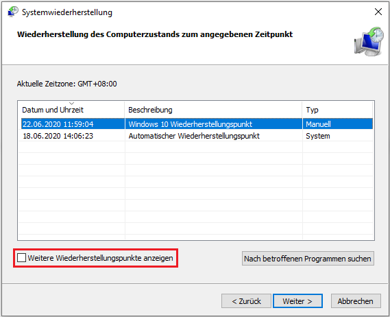„Weitere Wiederherstellungspunkte anzeigen“ in der Systemwiederherstellung aktivieren