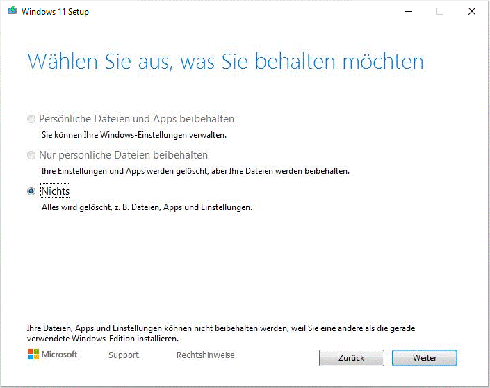 auswählen, was bei der Installation von Windows 11 beibehalten werden soll