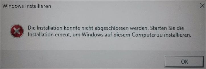 vollständige Fehlermeldung bei „Die Installation konnte nicht abgeschlossen werden“
