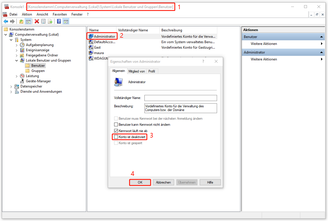 „Administrator-Konto ist deaktiviert“ über die Konsole1 deaktivieren