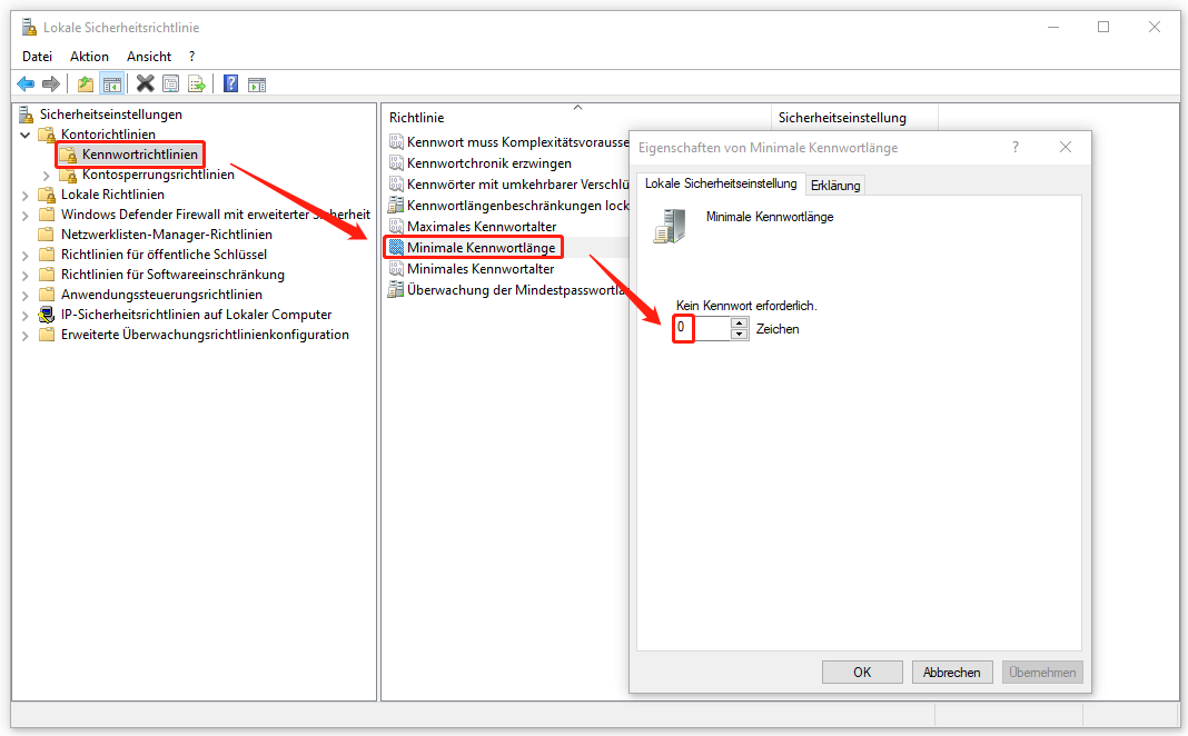 Kennwortlänge im Fenster „Lokale Sicherheitsrichtlinien“ auf 0 setzen