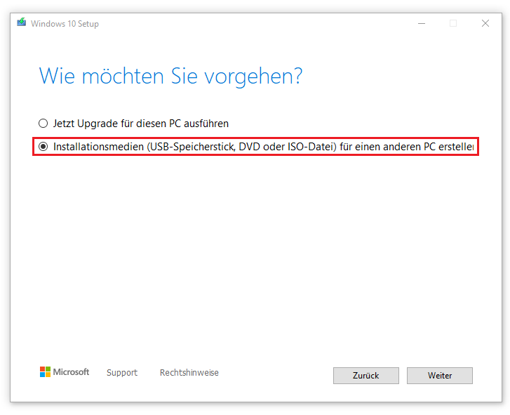 „Installationsmedien für einen anderen PC erstellen“ aktivieren