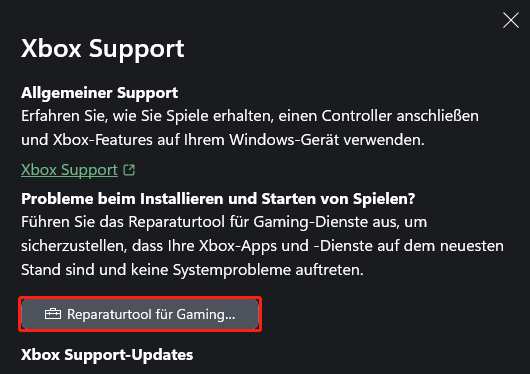 Ein Screenshot von Xbox Support-Fenster