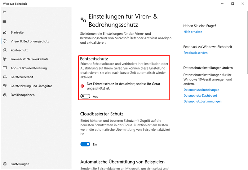 Ein Screenshot der deaktivierten Echtzeitschutzfunktion in Windows-Sicherheit