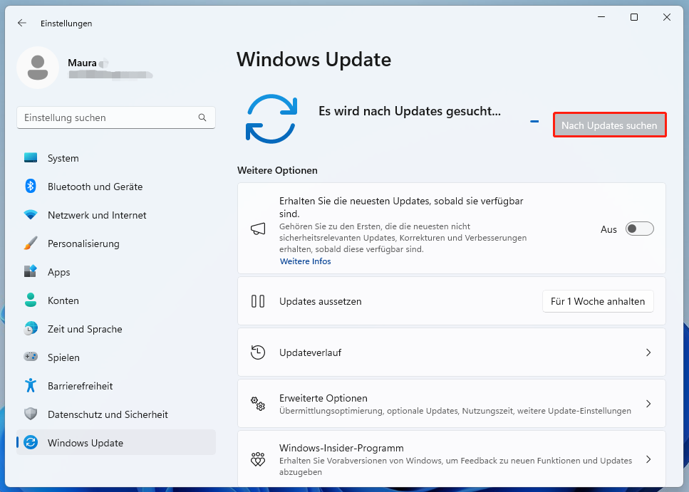 Markierung der Schaltfläche Nach Updates suchen in den Windows-Einstellungen.