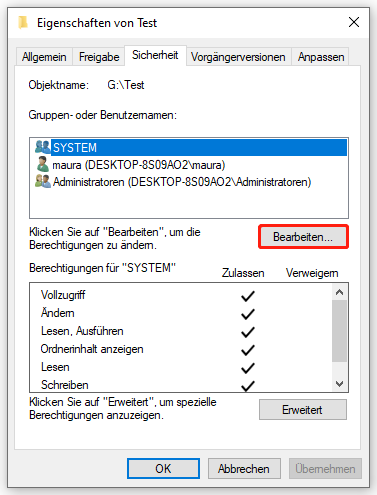Markierung der Schaltfläche Bearbeiten unter Sicherheit im Fenster Eigenschaften eines Ordners.