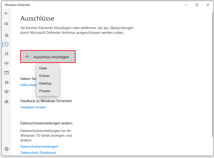 Markierung der Schaltfläche Ausschluss hinzufügen in der Windows-Sicherheit.