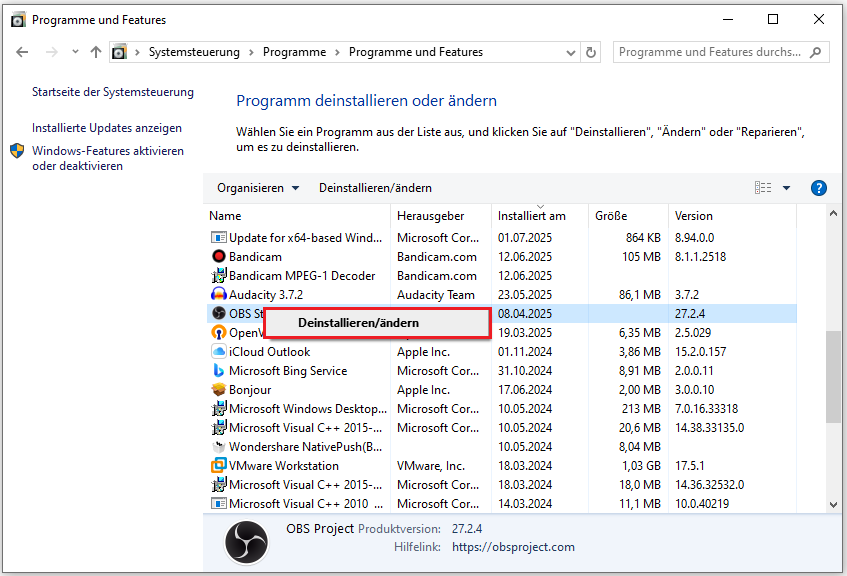 Markierung von Deinstallieren/Ändern im Fenster Programme und Features.