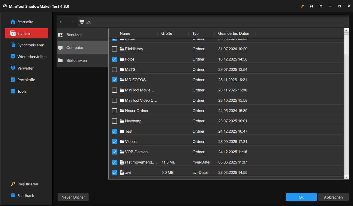 Ein Screenshot zur Auswahl der zu sichernden Elemente in MiniTool ShadowMaker.