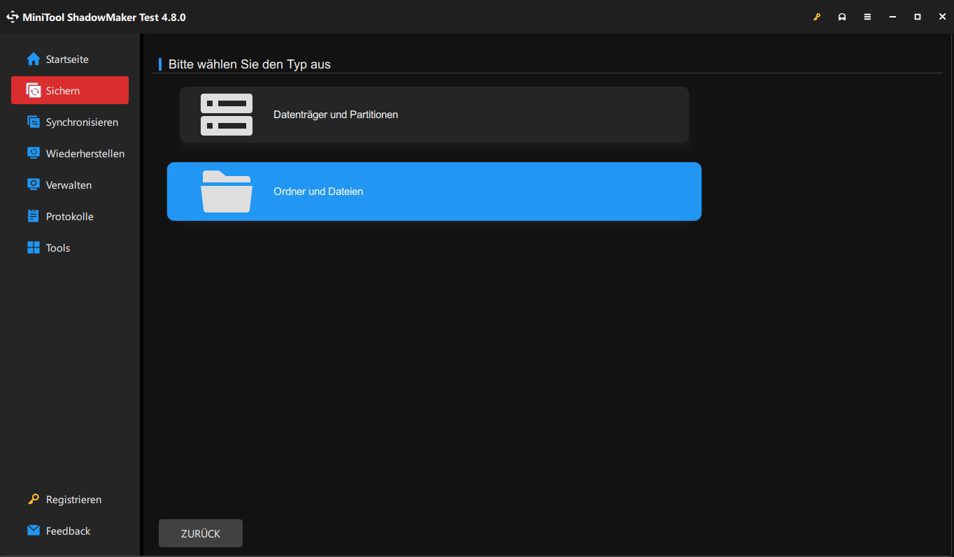 Hervorhebung der Option Ordner und Dateien in MiniTool ShadowMaker.