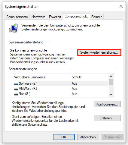 Markierung der Schaltfläche Systemwiederherstellung im Fenster Systemeigenschaften.
