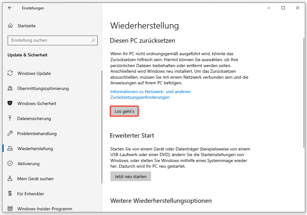 Ein Screenshot zum Zurücksetzen des PCs auf Werkseinstellungen über die Einstellungen.