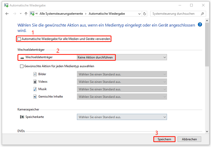 Hervorhebung der deaktivierten Option Automatische Wiedergabe für alle Medien und Geräte verwenden und Markierung von Keine Aktion durchführen in der Systemsteuerung.