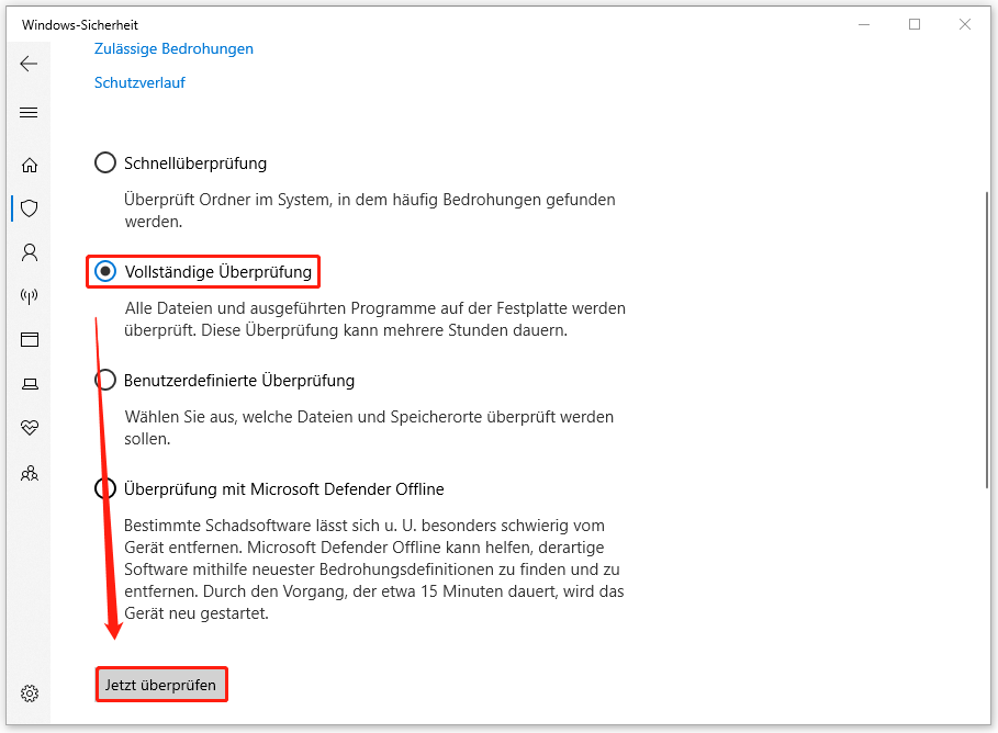 Ein Screenshot zum Durchführen einer vollständigen Überprüfung in der Windows-Sicherheit.