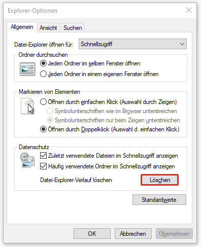 Markierung der Schaltfläche Löschen neben Datei-Explorer-Verlauf löschen.