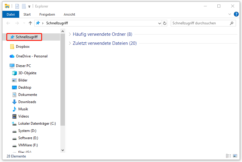 Markierung von Schnellzugriff im Datei-Explorer.