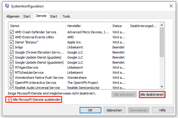 Markierung der Option Alle Microsoft-Dienste ausblenden und der Schaltfläche Alle deaktivieren in der Systemkonfiguration.