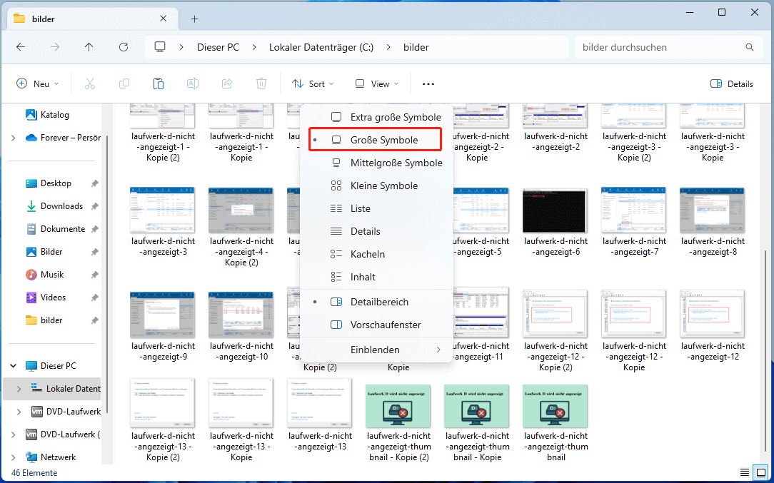Anzeige der Fotos in dem Datei Explorer mit großen Symbolen.