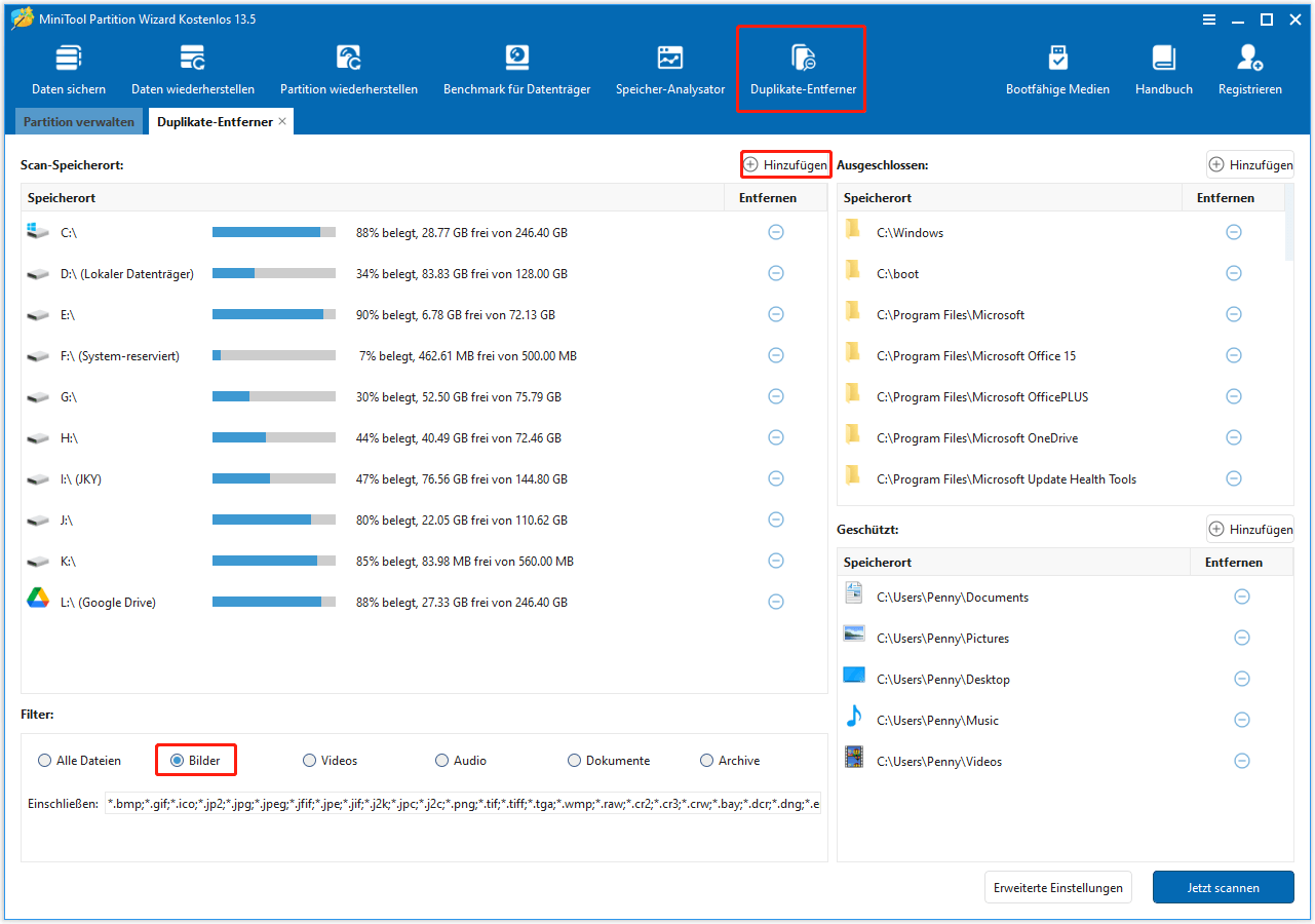 MiniTool Partition Wizard Duplikate-Entferner-Oberfläche mit der ausgewählten Filteroption für Bilder.