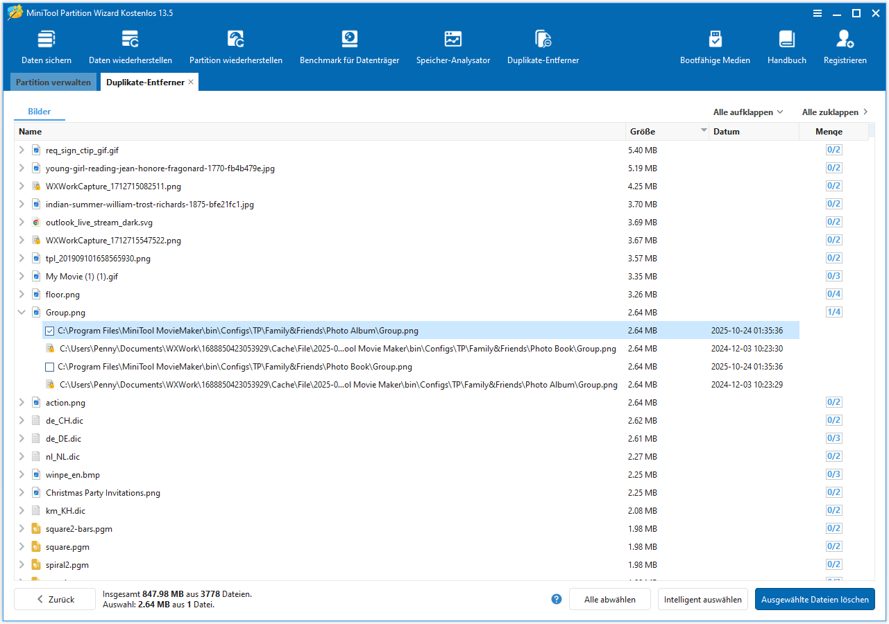 MiniTool Partition Wizard Duplikate-Entferner-Oberfläche mit aufgelisteten doppelten Bildern.
