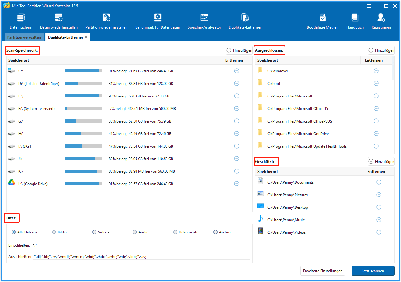 MiniTool Partition Wizard Duplikate-Entferner-Oberfläche mit der ausgewählten Video-Filteroption.