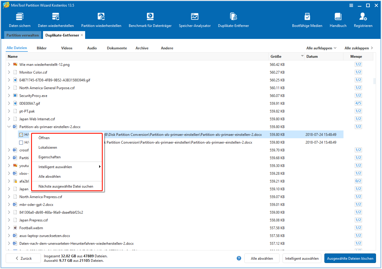 Anzeige von Details wie Öffnen Pfad beim Klick mit der rechten Maustaste auf Datei.
