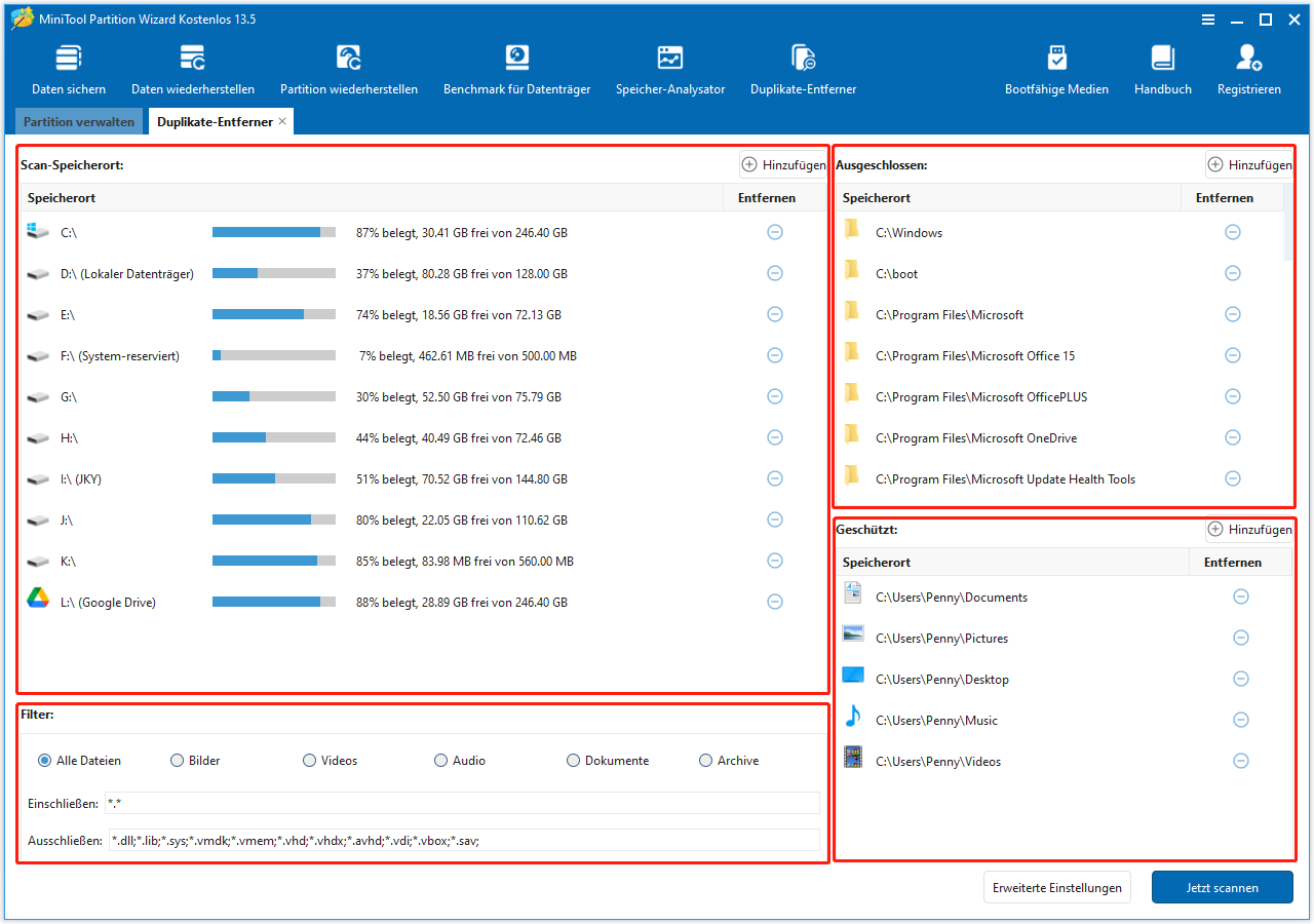 Die Hauptoberfläche für die Scan-Einstellungen von MiniTool Partition Wizard.