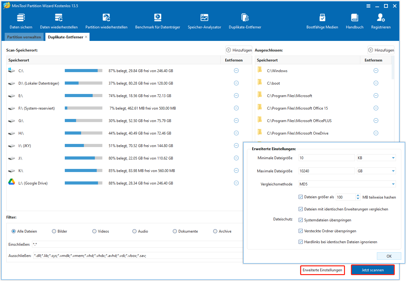 Die Schaltflächen „Erweiterte Einstellungen“ und „Jetzt scannen“ befinden sich in der unteren rechten Ecke der Benutzeroberfläche von MiniTool Partition Wizard.