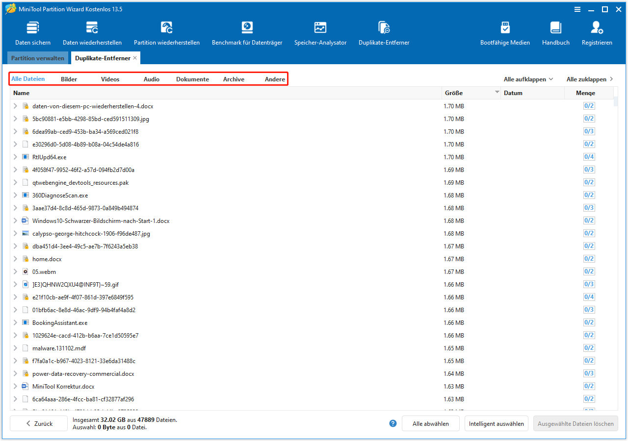 MiniTool Partition Wizard-Benutzeroberfläche mit Filter für doppelte Dateien nach Dateityp oben in den Ergebnissen.