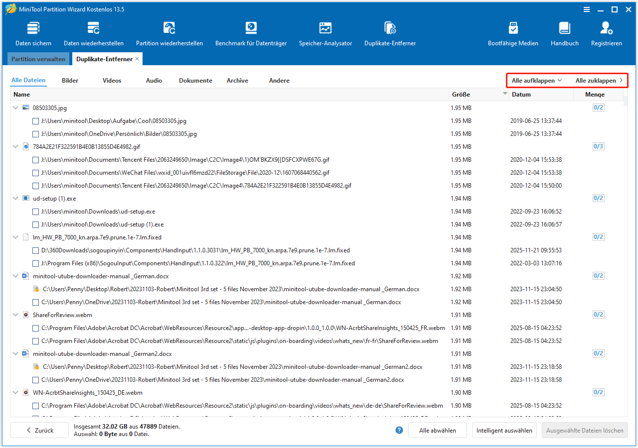 Die Optionen Alle aufklappen und Alle zuklappen in der oberen rechten Ecke der MiniTool Partition Wizard-Benutzeroberfläche.