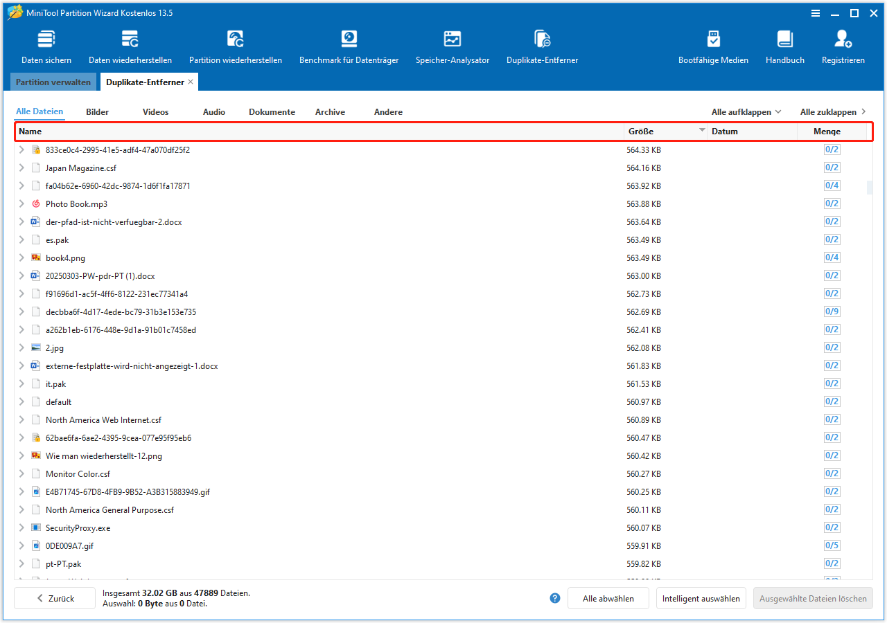 MiniTool Partition Wizard-Benutzeroberfläche mit der Option Name/Größe/Anzahl oben in den Ergebnissen.