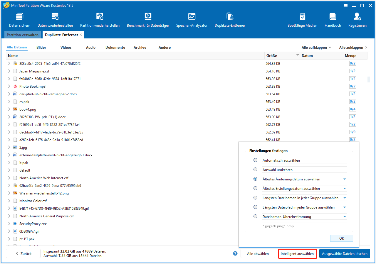 Die Option Intelligent auswählen in der unteren rechten Ecke der MiniTool Partition Wizard-Benutzeroberfläche.