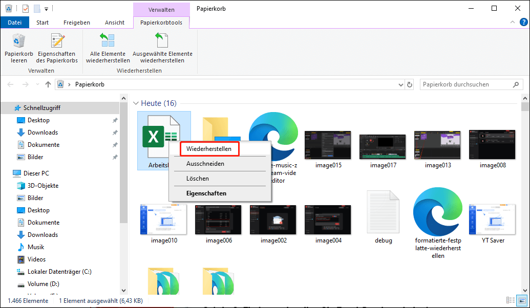 Wiederherstellung gelöschter Excel-Dateien aus dem Papierkorb.