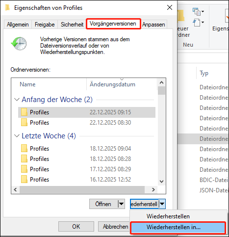 Wiederherstellung der Dateien an einem anderen Speicherort über die Ordnereigenschaften.