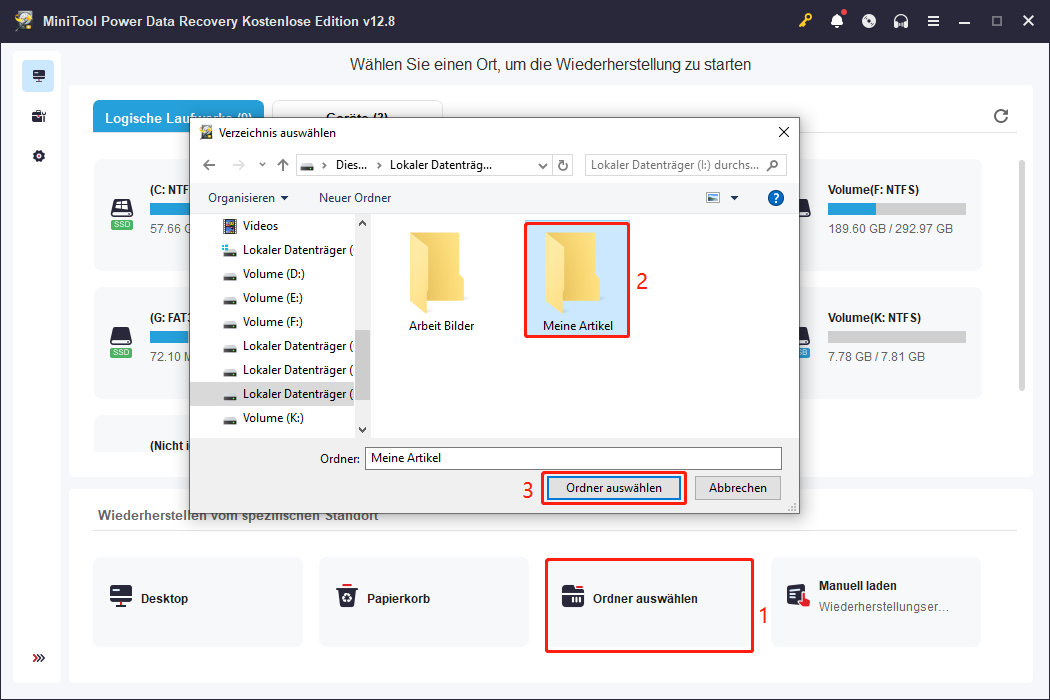 Scannen des Ordners Meine Artikel nach Excel-Dateien in MiniTool Power Data Recovery.
