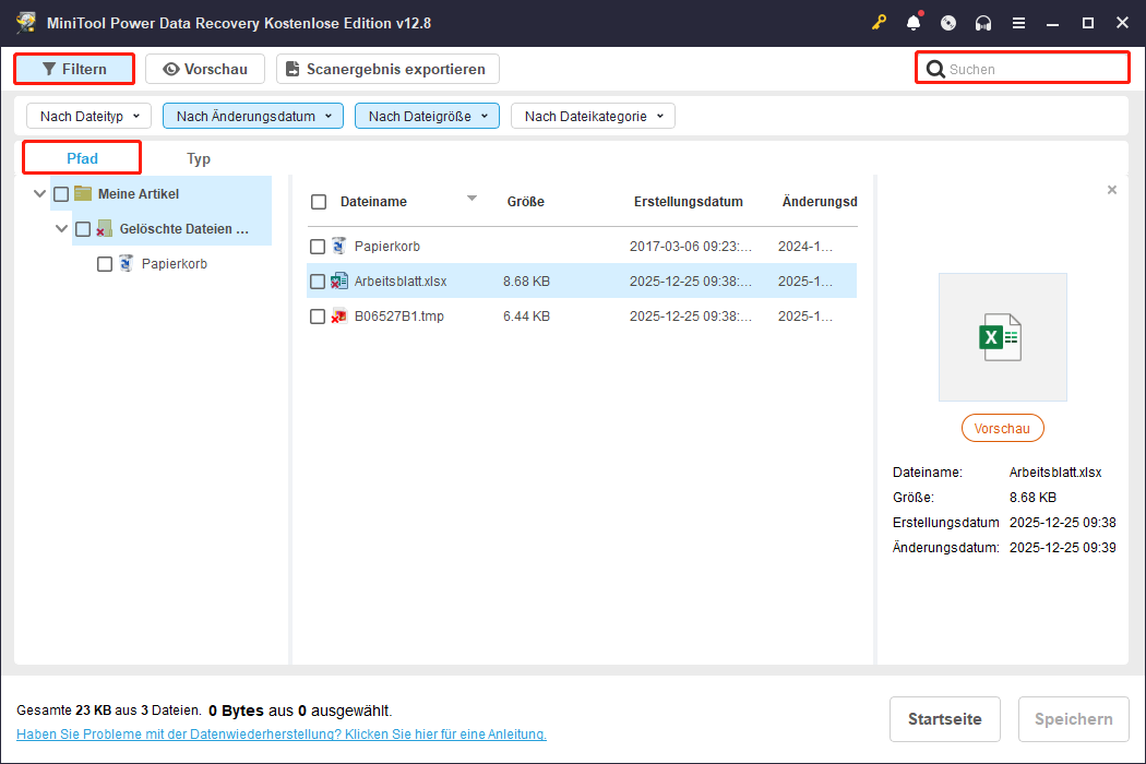 Funktionen Pfad, Filtern und Suchen in MiniTool Power Data Recovery.