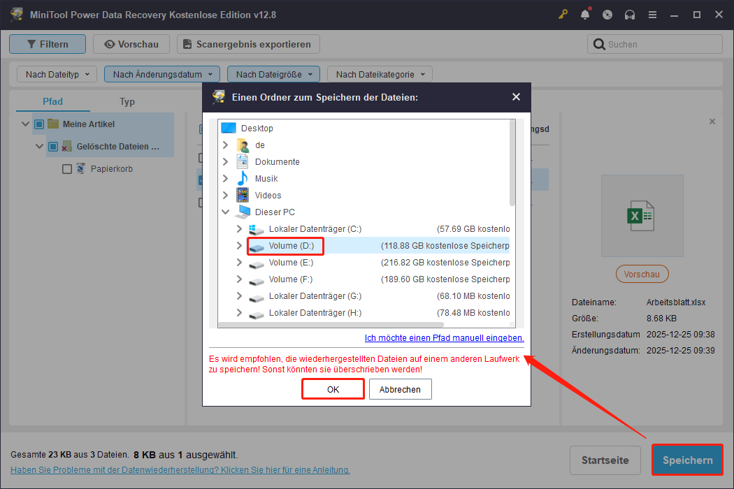 Speicherung der markierten Dateien an einem Speicherort in MiniTool Power Data Recovery.
