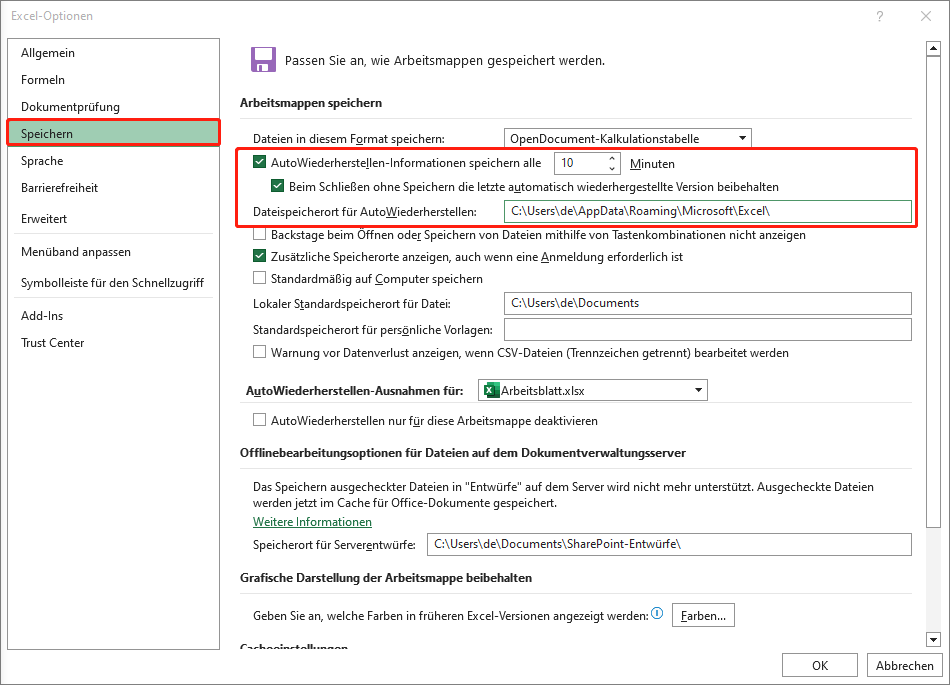 Ändern des AutoWiederherstellen-Intervalls im Excel-Optionen-Fenster.
