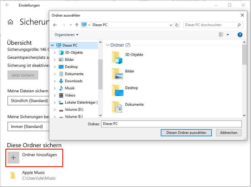 Hinzufügen eines Ordners zu den Sicherungsquellen des Dateiversionsverlaufs über die Einstellungen.