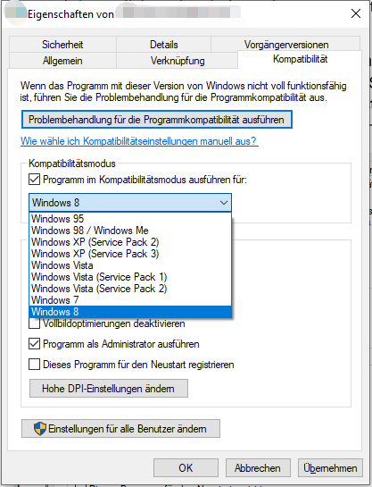 Auswahl der Option Programm im Kompatibilitätsmodus ausführen für.
