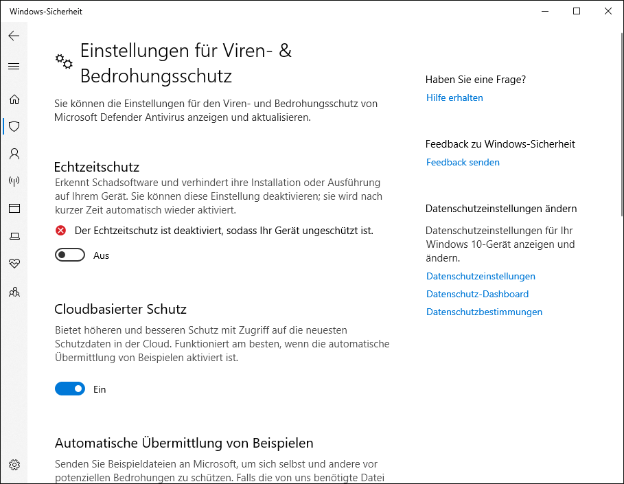 Deaktivierung des Echtzeitschutzes.