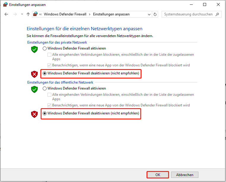 Deaktivierung der Windows-Defender-Firewall (nicht empfohlen).