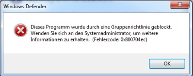 Ein Screenshot zur vollständigen Fehlermeldung von 0x800704ec.